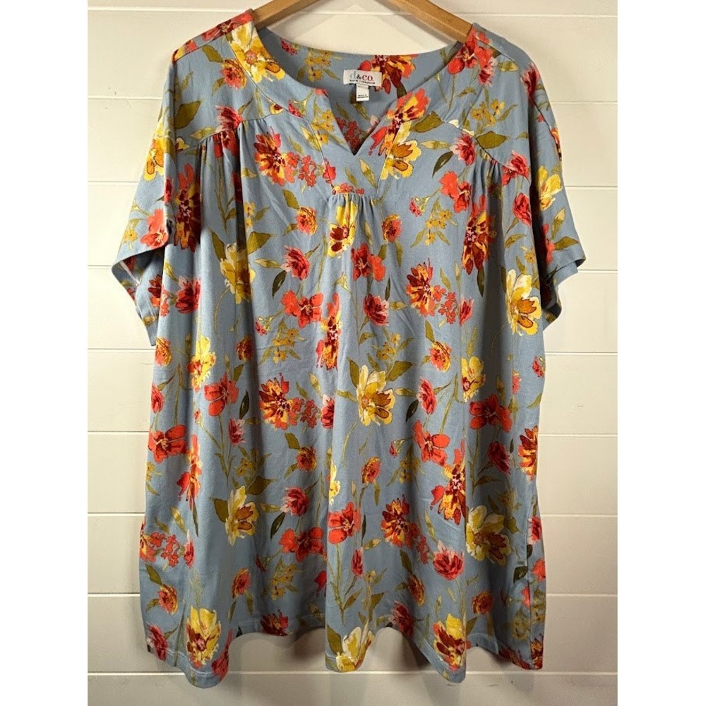 Denim & Co Blue Floral Split V-Neck Short Sleeve Knit Top 5X Plus Size